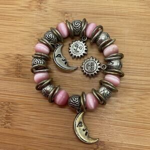 Womens Charm Bracelet Sun and Moon Theme Pink and Silver